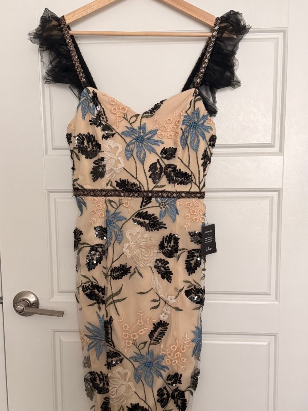 Luluโs Black and blue floral embroidered dress with ruffled straps